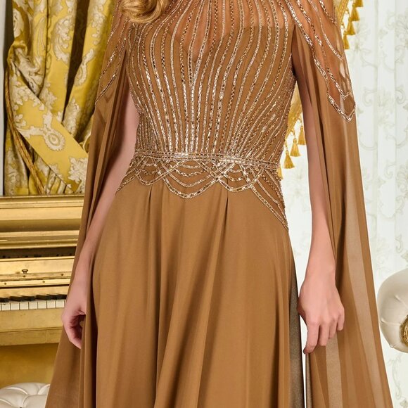 New A-Line Soft Chiffon Beaded Mother Of Bride Gown w/ Cape Sleeves GL3785 - Picture 7 of 14